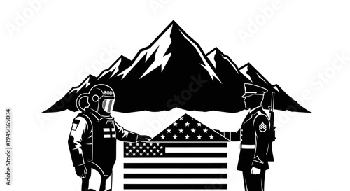 Astronaut and Soldier Unite with American Flag under Majestic Mountains