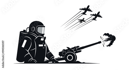 Astronaut fires cannon at airplanes, space war concept
