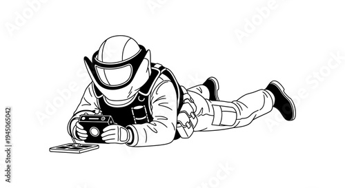 Astronaut Lying Down Playing Video Game on Tablet