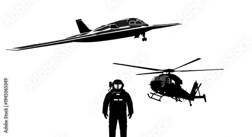 Astronaut, Helicopter, and Stealth Aircraft Silhouette - Futuristic Transport and Space Exploration