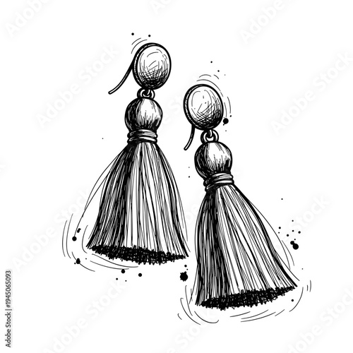 Artistic illustration of tassel earrings on a white background, showcasing intricate design and texture, isolated with detailed sketch lines