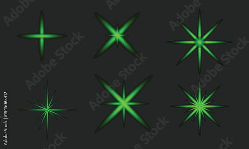 A collection of six green starburst shapes on a black background with varying sizes and line counts