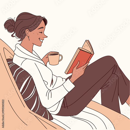 Woman reclining with book and coffee reading