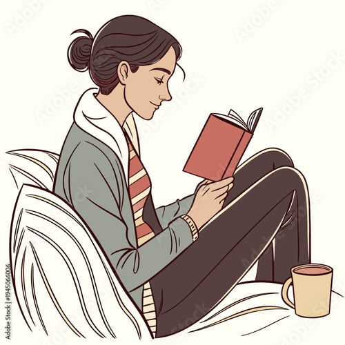 Woman sitting on couch reading book with coffee