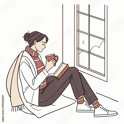 Woman sitting on floor reading book and drinking coffee by large window