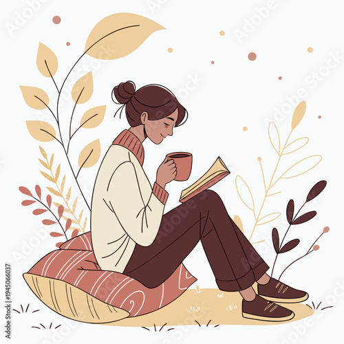 Woman sitting on pillow reading book and holding coffee cup outdoors