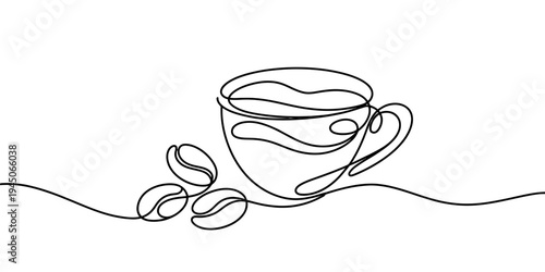 Coffee cup with beans continuous line vector illustration minimal