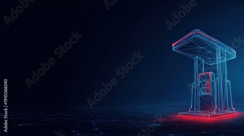 A digital rendering of a futuristic gas station with glowing neon lines. ..Created with Generative AI, not depicting real subjects.