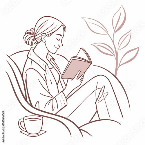Woman reading book with cup sitting