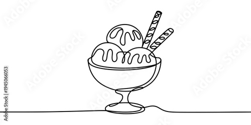 Ice cream sundae dessert continuous line vector illustration sweet