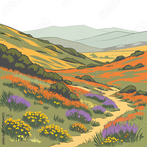 Colorful hillside with flowers and pathway nature landscape