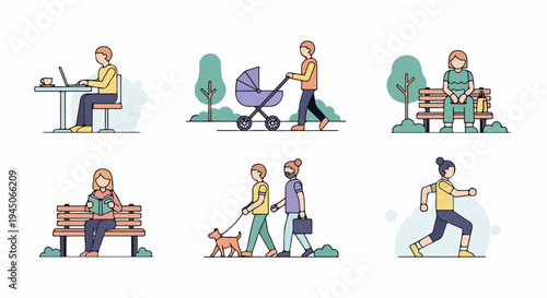 Set of People Engaging in Outdoor Leisure Activities and Daily Routines in Flat Illustration Style