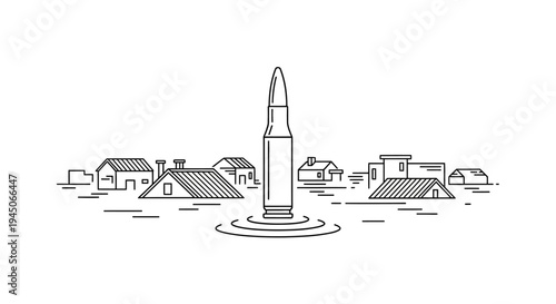 Bullet Symbolizing War and Destruction Over a Village
