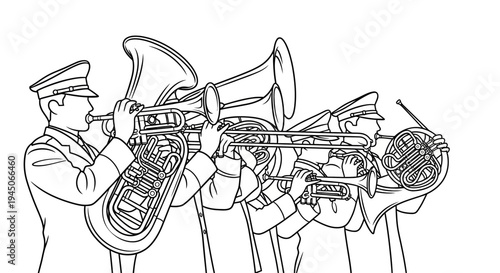 Brass Band Musicians Playing Tuba, Trumpet, and French Horn in Uniform