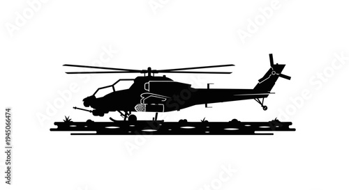 Black Silhouette of an Attack Helicopter on a Runway