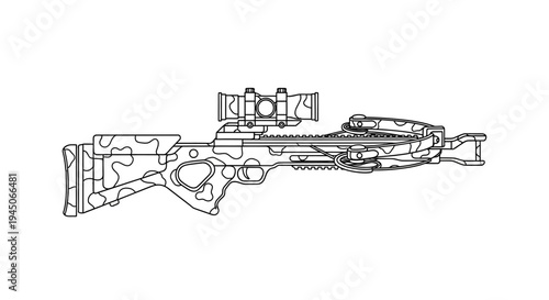 Camouflage Crossbow with Scope - Hunting Weapon Line Art Illustration