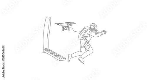 Drone Surveillance: Futuristic Soldier with Laptop and Flying Drone