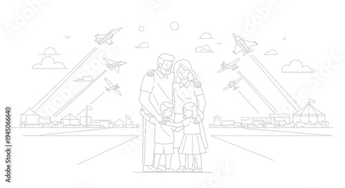 Family Enjoying Air Show with Fighter Jets Flying Overhead