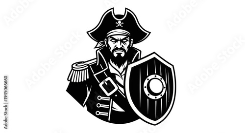 Fierce Pirate Warrior with Shield and Sword, Black and White Illustration