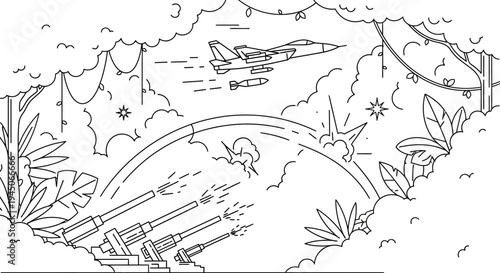 Fighter Jet Bombing Jungle Base with Artillery Fire and Explosions