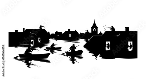 Flooded City Silhouette with Armed Figures in Boats