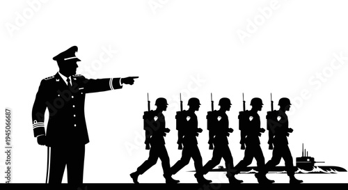 Military Commander Directs Soldiers Marching Past Submarine, Silhouette