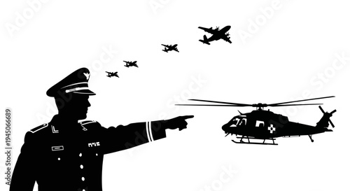 Military Commander Directs Air Traffic: Helicopter and Planes in Formation