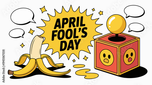 Playful april fool's day illustration with banana peel and jack in the box on white background