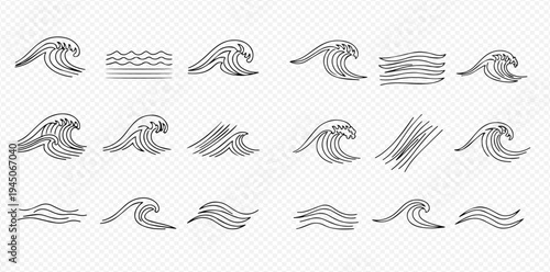 Set of hand-drawn ocean waves in various styles, isolated vector illustrations for design elements.