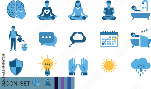 Print Minimalist Mental Health and Personal Care Icon Set Featuring Meditation Healthy Habits Emotional Support and Psychological Wellness Symbols in Blue and Yellow Tones
