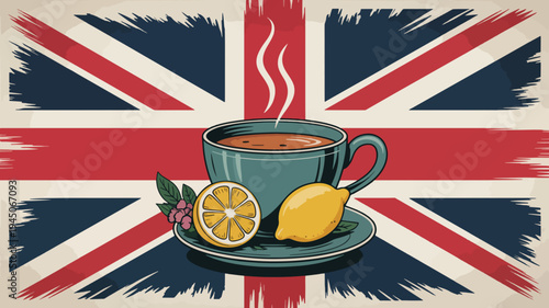 Steaming cup of tea with lemon on a saucer in front of a stylized union jack flag background