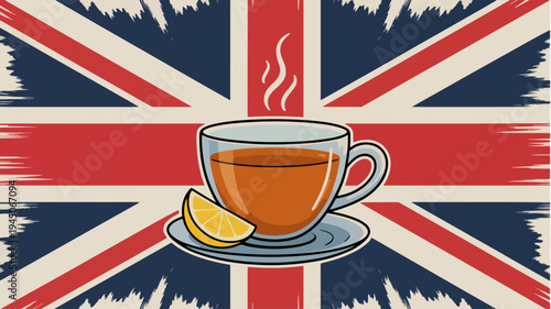 Tea cup with lemon on british flag background traditional uk beverage culture symbol