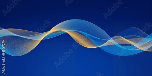 An abstract blue vector illustration of a swirling DNA helix design featuring flowing waves and light curves on a technological backdrop