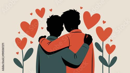 Two men hug with hearts and flowers background symbolizing love and friendship in a tender moment