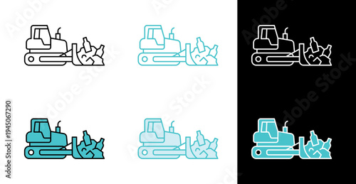 Bulldozer pushing garbage pile icon for landfill cleanup in line and fill style
