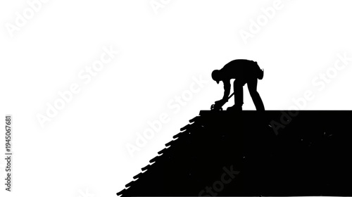 Person Silhouette Working on a Roof or Sloped Structure with Tools