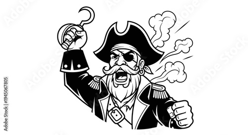 Furious Pirate Captain with Hook Hand and Eye Patch, Roaring with Anger
