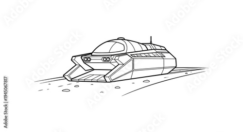 Futuristic Hovercraft Vehicle on a Textured Surface, Line Art Illustration