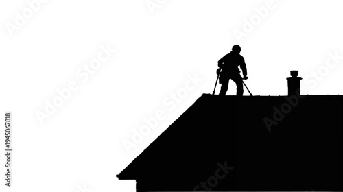 Silhouette of a Man Working on a Rooftop Performing Professional Surveying Tasks in an Urban Setting