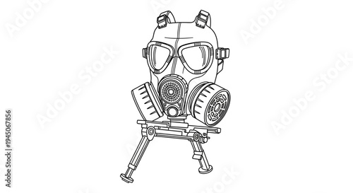 Gas Mask with Bipod Stand - Line Art Illustration