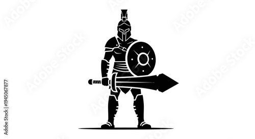 Gladiator Warrior Silhouette with Sword and Shield, Ancient Roman Soldier Icon
