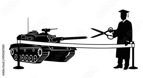 Graduate cutting ribbon with tank barrel, symbolizing military-industrial complex in education