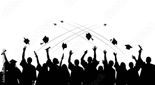 Graduation Celebration Silhouette: Students Throwing Caps in the Air, Celebrating Success