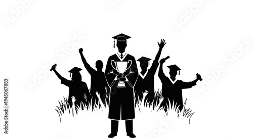 Graduation Celebration: Graduate Holding Trophy with Cheering Friends