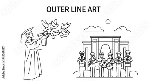 Graduation Ceremony: Graduate Releasing Doves Near Archway with Marching Band