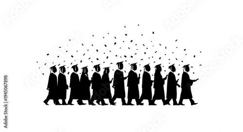 Graduation Ceremony Celebration: Students in Caps and Gowns Walking with Confetti