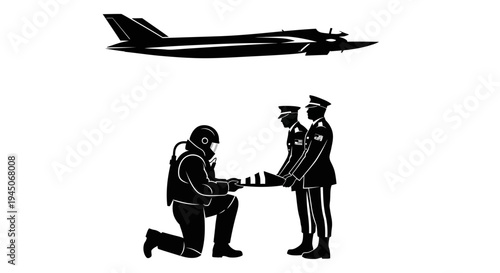 Military Honor Guard Presents Flag Underneath Jet Fighter