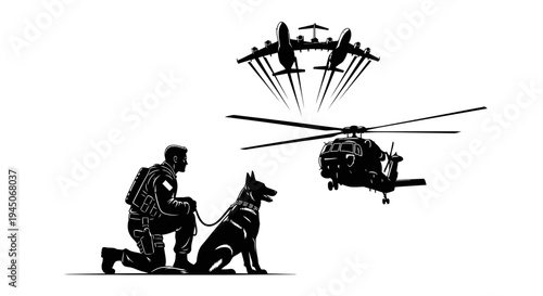 Military K9 unit, soldier, helicopter and transport planes in silhouette against white background
