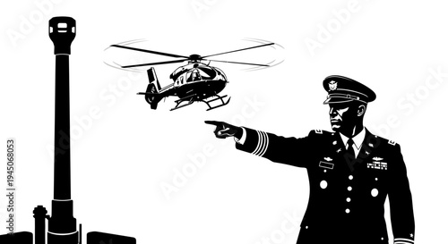 Military Officer Directing Helicopter Near Artillery Gun in Black and White