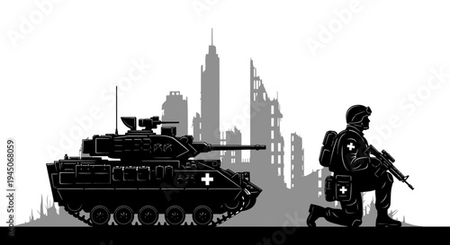 Military Medic and Armored Vehicle in Ruined City Silhouette